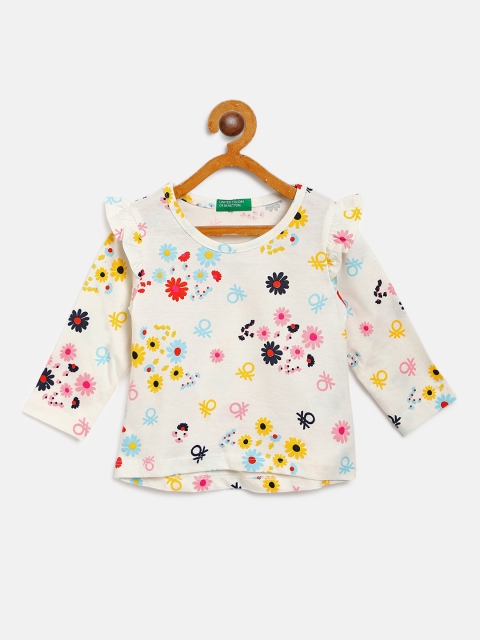 

United Colors of Benetton Girls White Floral Print Ruffled Pure Cotton Top