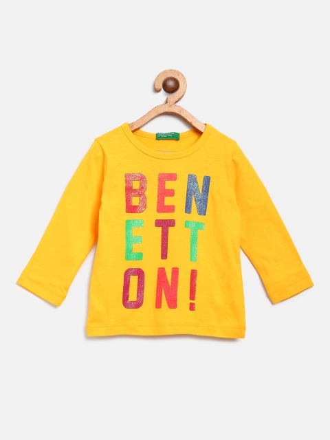 

United Colors of Benetton Girls Mustard Yellow Shimmer Brand Logo Print Round Neck T-shirt