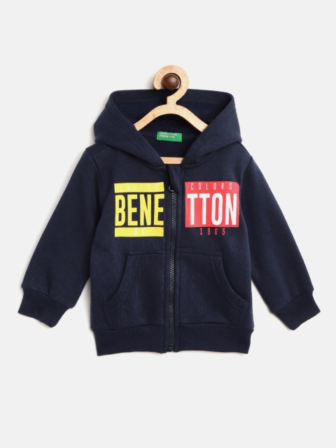 

United Colors of Benetton Boys Navy Blue & Yellow Brand Logo Print Hooded Sweatshirt
