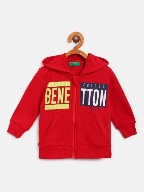 

United Colors of Benetton Boys Red & Navy Blue Brand Logo Print Hooded Sweatshirt