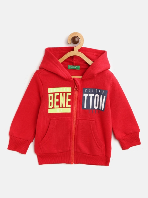 

United Colors of Benetton Boys Red & Fluorescent Green Brand Logo Print Hooded Sweatshirt