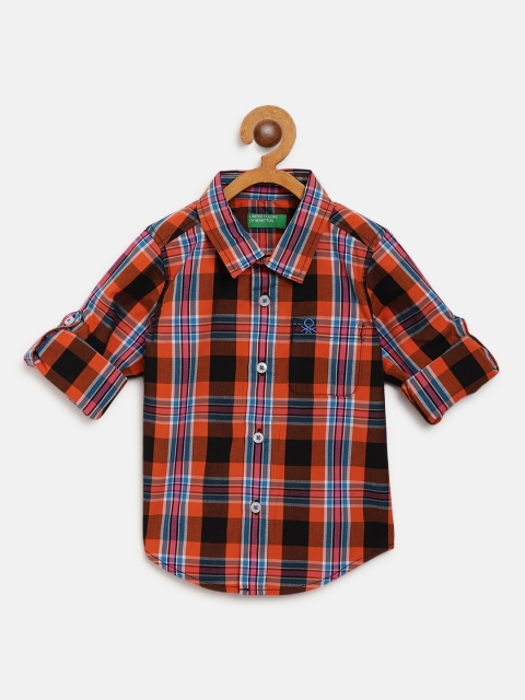 

United Colors of Benetton Boys Rust Orange & Black Checked Casual Shirt