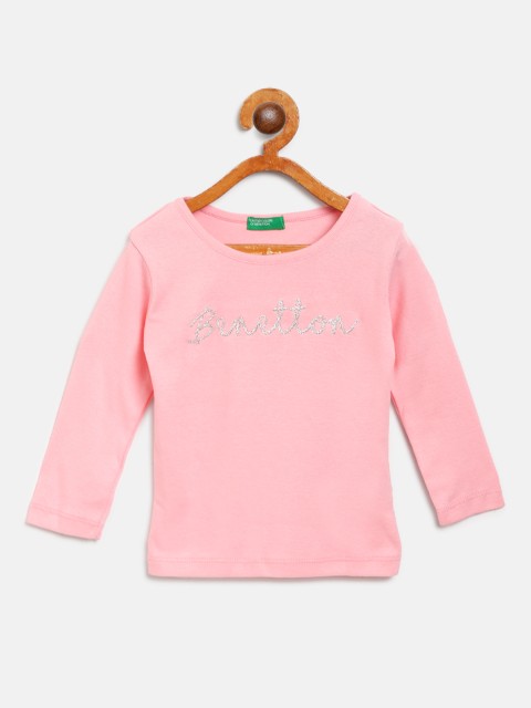 

United Colors of Benetton Girls Peach-Coloured Brand Logo Print Round Neck T-shirt