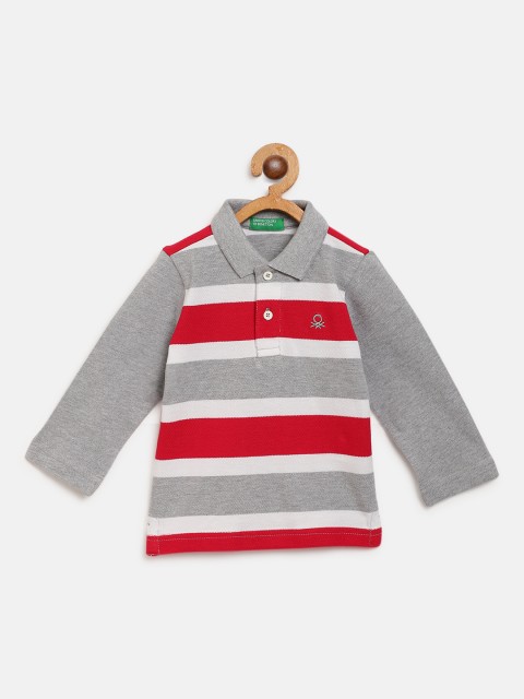 

United Colors of Benetton Boys Grey Melange & Red Striped Polo Collar T-shirt