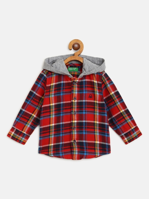 

United Colors of Benetton Boys Red & Blue Regular Fit Checked Hooded Casual Shirt