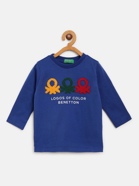 

United Colors of Benetton Boys Blue Brand Logo Embroidered Round Neck T-shirt