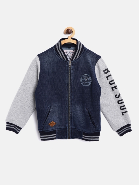 

RUFF Boys Navy Blue & Grey Solid Lightweight Bomber Jacket with Printed Detail