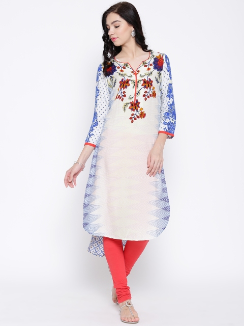 

BIBA Off-White & Beige Printed High-Low Kurta
