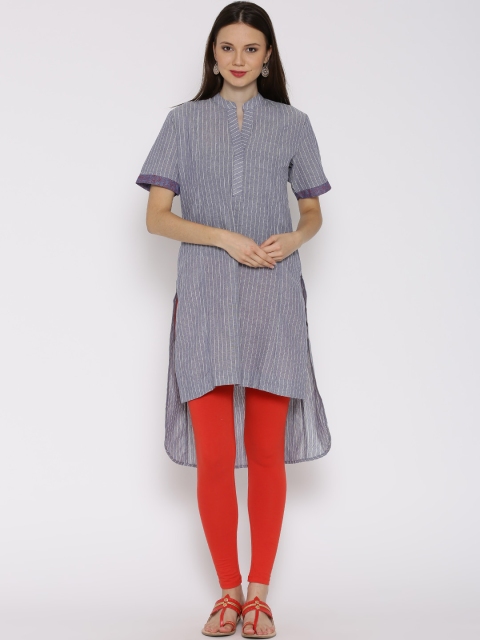

BIBA Blue Khadi Striped High-Low Kurta