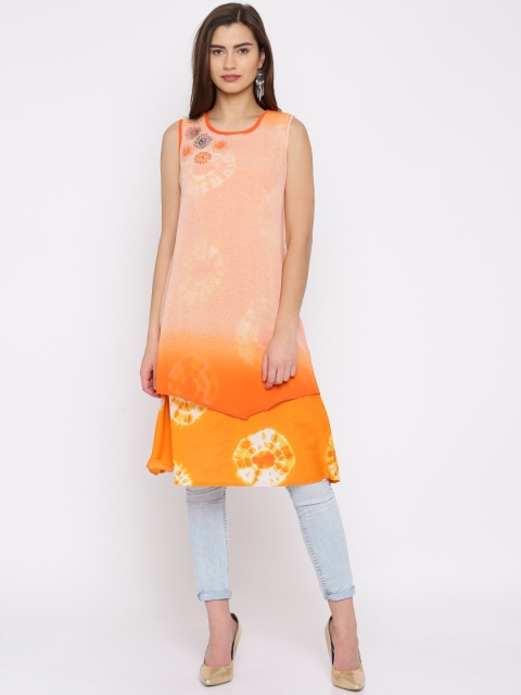 

BIBA Orange Polyester Printed A-Line Kurta