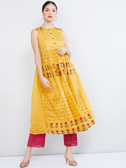 

max Women Mustard Yellow & Pink Embroidered Anarkali Kurta