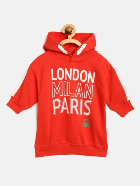 

United Colors of Benetton Girls Red & White Typography Print Hooded Sweatshirt Dress