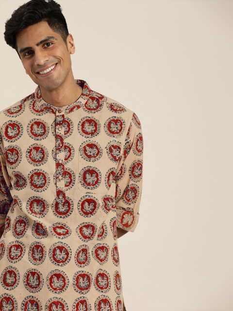 

Taavi Men Beige & Maroon Kalamkari Block Printed Straight Sustainable Kurta