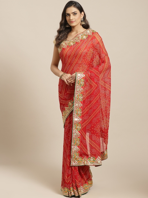 

Mitera Red & Mustard Yellow Bandhani Printed Saree