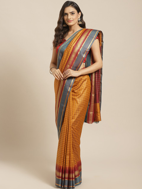 

Mitera Mustard Yellow & Maroon Checked Pure Silk Saree
