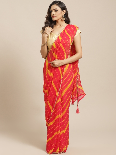 

Mitera Red & Mustard Yellow Striped Leheriya Saree