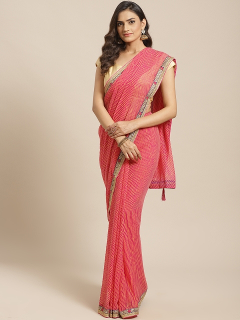 

Mitera Pink & Yellow Striped Leheriya Saree