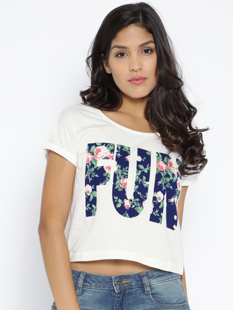 

Flying Machine White Printed Crop Pure Cotton T-shirt