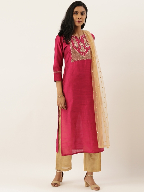 

Varanga Women Magenta & Gold-Toned Yoke Design Kurta with Trousers & Dupatta
