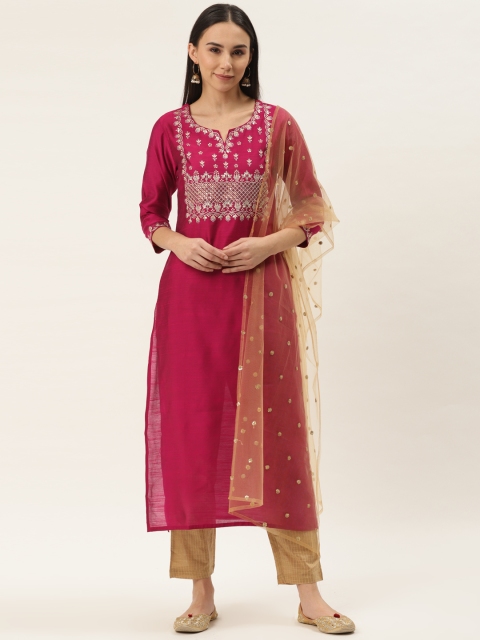 

Varanga Women Magenta Pink & Beige Yoke Design Kurta with Trousers & Dupatta