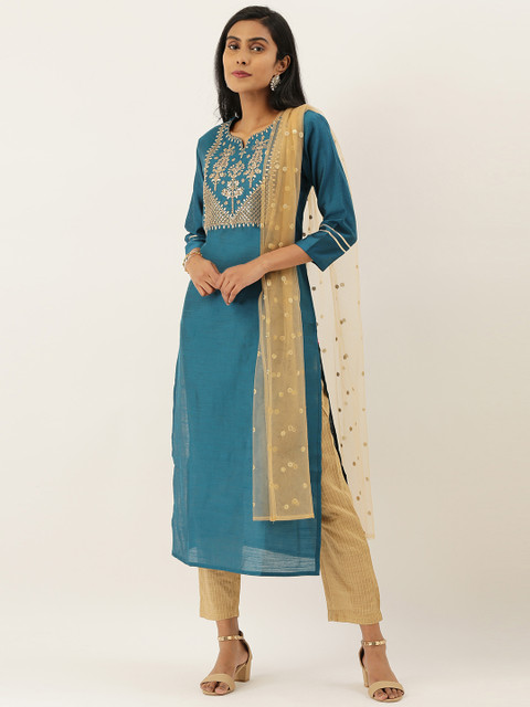 

Varanga Women Teal & Gold-Toned Yoke Design Kurta with Trousers & Dupatta