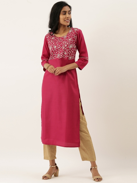 

Varanga Women Magenta Pink & Gold-Toned Solid Kurta with Trousers with Embroidery