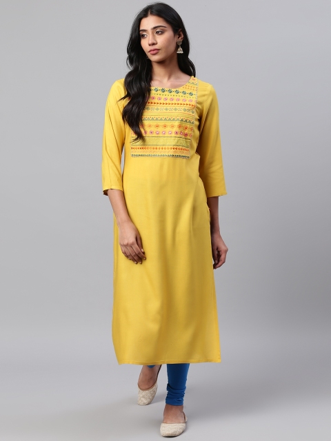 

KSUT Women Yellow Yoke Design Straight Kurta