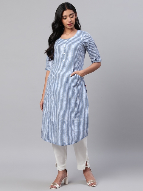 

KSUT Women Blue & White Block Printed Striped Straight Kurta