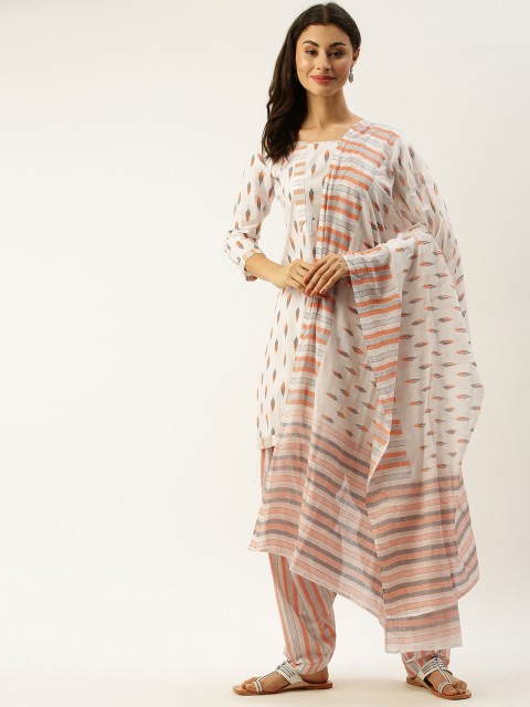 

Rajnandini White & Orange Pure Cotton Printed Unstitched Dress Material