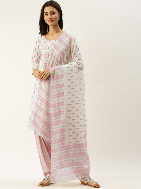 

Rajnandini White & Pink Pure Cotton Printed Unstitched Dress Material