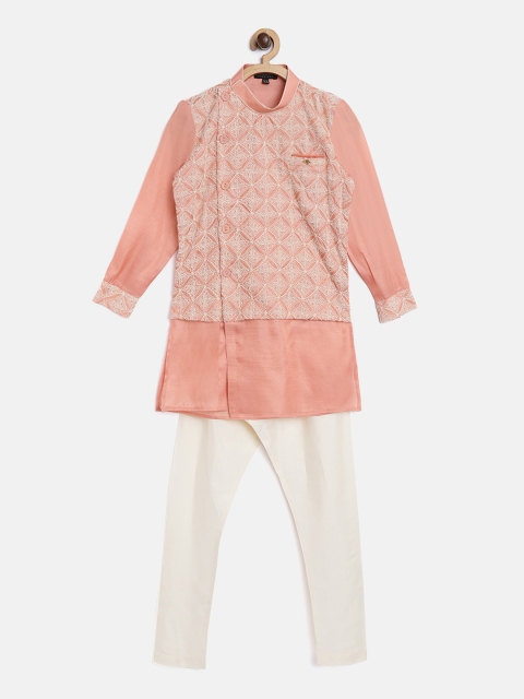 

Readiprint Fashions Boys Peach-Coloured & Off-White Embroidered Layered Kurta Set