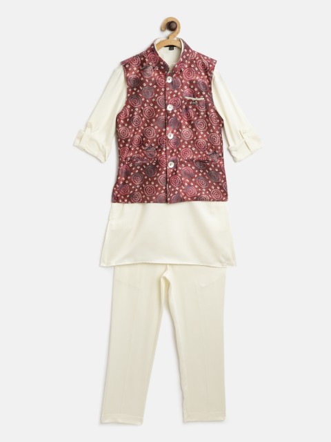 

Readiprint Fashions Boys Cream-Coloured & Maroon Solid Kurta with Pyjamas and Jacket