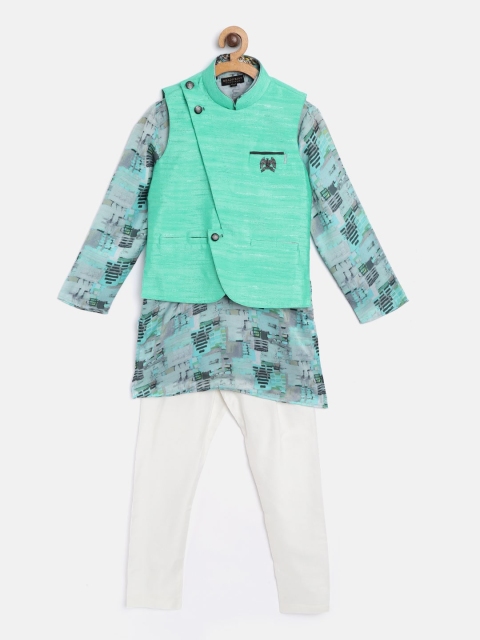 

Readiprint Fashions Boys Sea Green & White Printed Kurta Set with Jacket