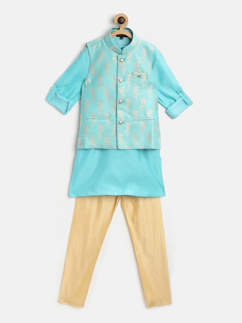 

Readiprint Fashions Boys Turquoise Blue & Beige Solid Kurta with Churidar and Jacket