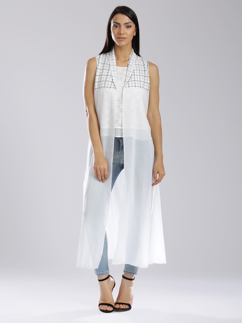 

W White Polyester Checked Sheer A-Line Shrug