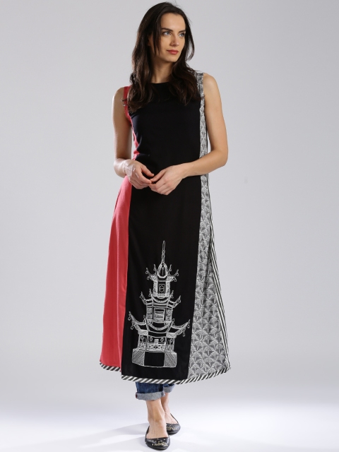 

W Multicoloured Panelled Printed A-Line Kurta, Multi