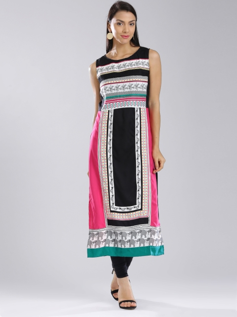 

W Black & Pink Printed Panelled Kurta