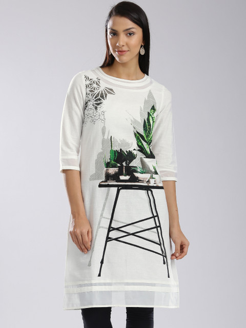 

W White Printed A-Line Kurta