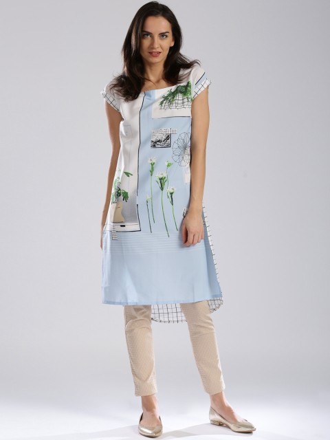

W White & Blue Polyester Printed Kurta