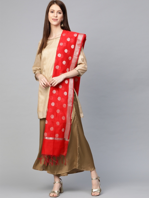 

swatika Red & Silver Zari Woven Design Handloom Banarasi Dupatta