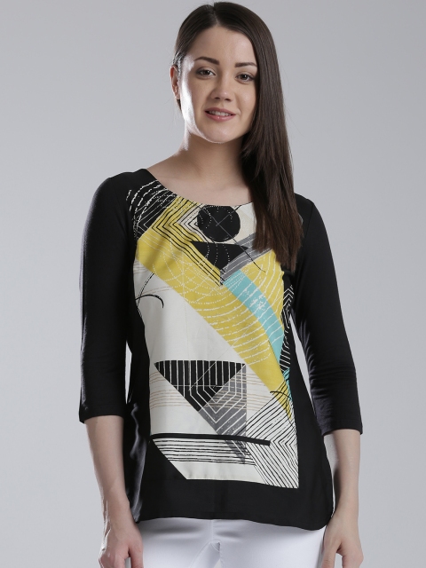 

W Black Polyester Printed Top