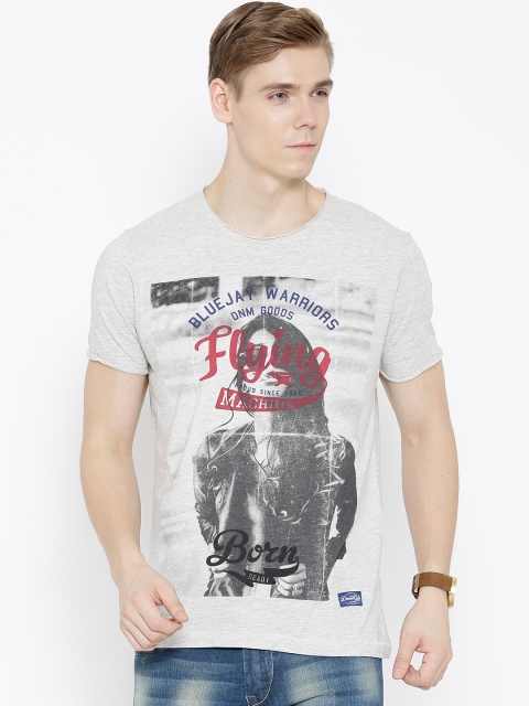

Flying Machine Grey Melange Printed Pure Cotton T-shirt