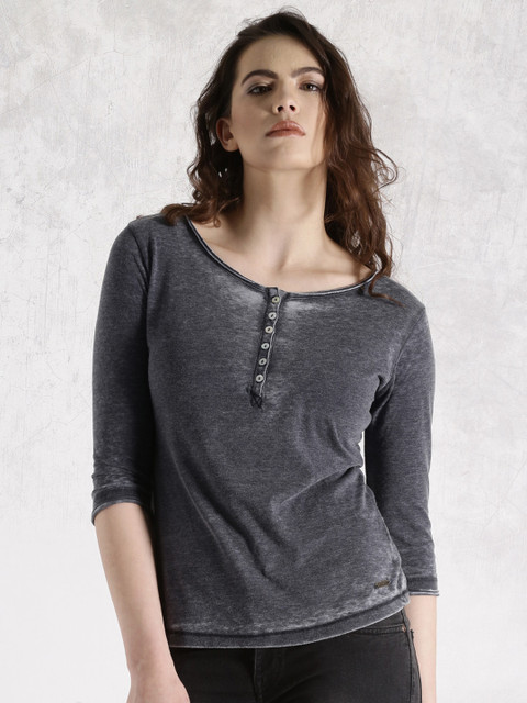

Roadster Navy Burn Out Henley Top, Navy blue