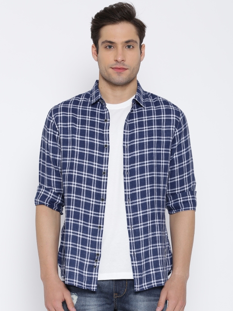 

United Colors of Benetton Navy Checked Linen Casual Shirt, Navy blue