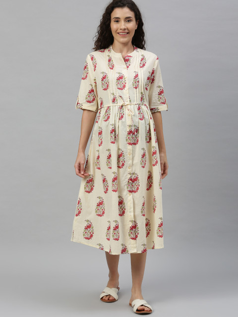 

Nejo Women Off-White & Pink Floral Printed A-Line Maternity Kurta