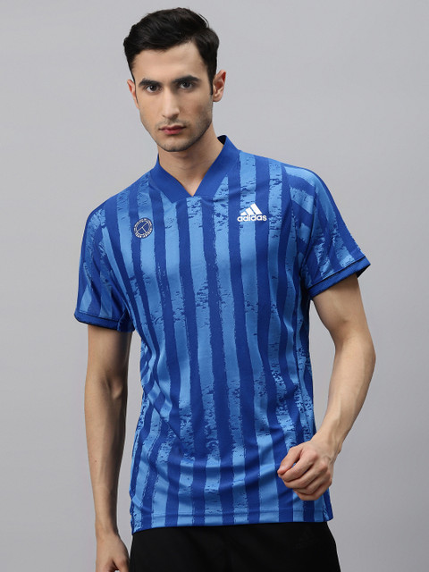 

ADIDAS Men Blue Striped Freelift Engineered Tennis T-shirt