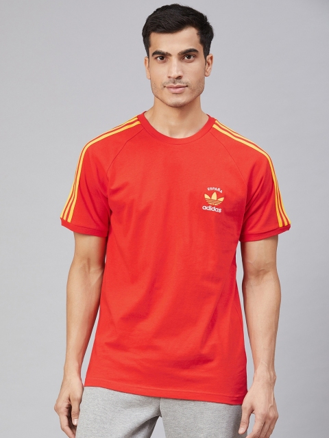 

ADIDAS Originals Men Coral Red Solid 3-Stripes Pure Cotton T-shirt