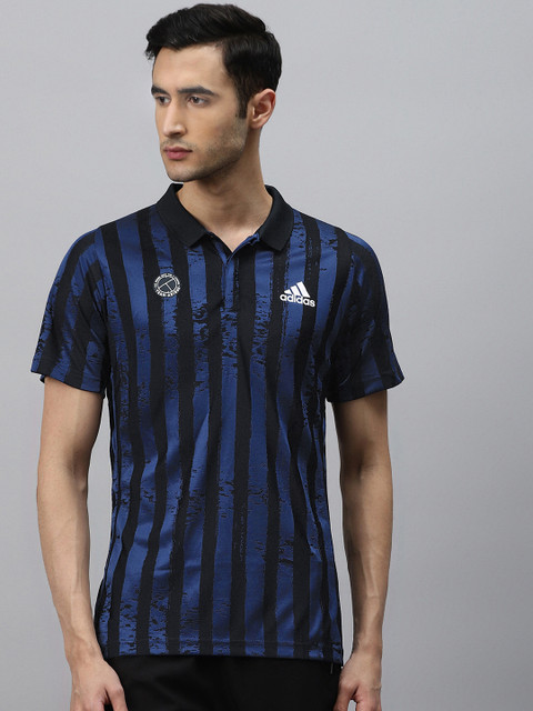 

ADIDAS Men Blue Self-Striped Freelift Polo Tennis T-Shirt