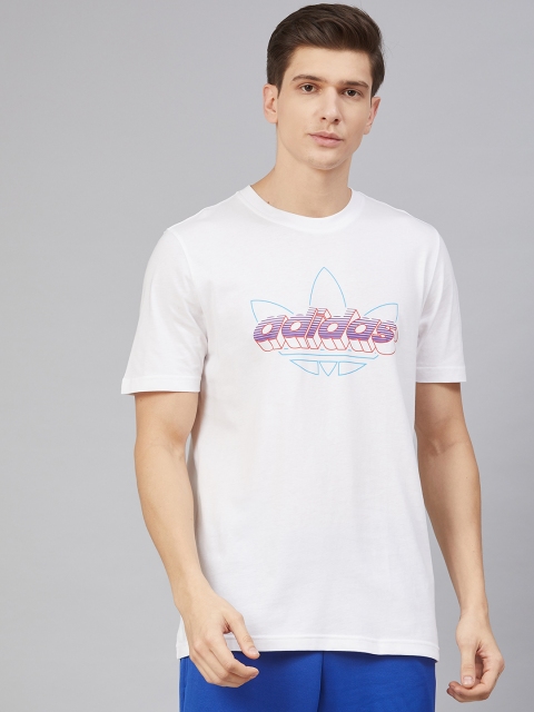 

ADIDAS Originals Men White Blue Brand Logo Printed Techy Pure Cotton T-shirt