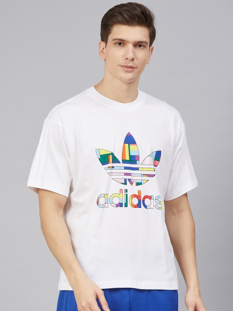 

ADIDAS Originals Men White Blue Brand Logo Printed Pride Flag Fill Pure Cotton T-shirt